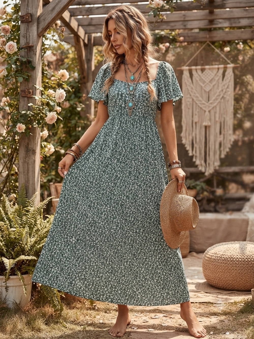 Sage Green Floral Maxi Dress with Short Flutter Sleeves NWT